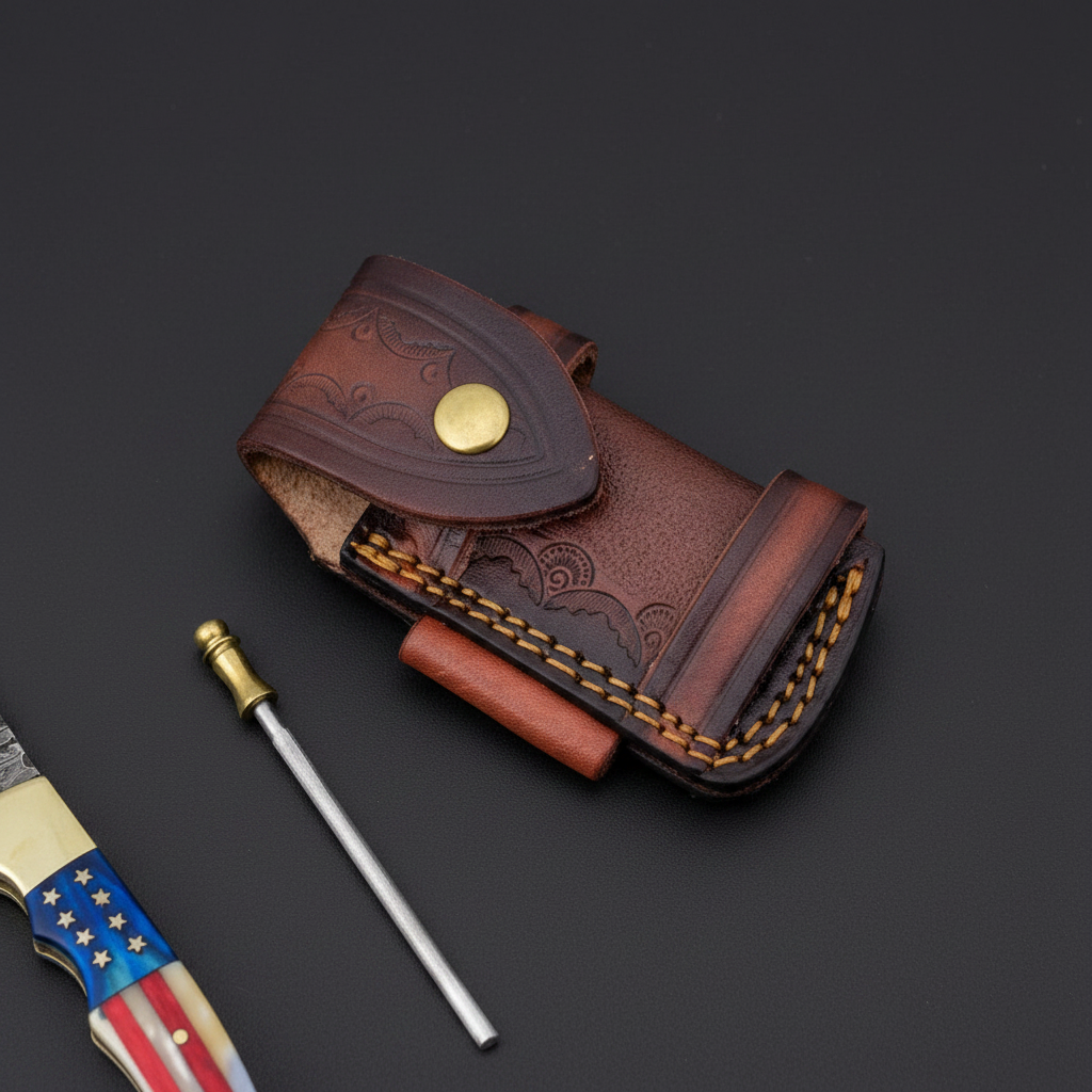 Close-up of the embossed leather sheath, sharpening rod loop, and mini sharpening steel on a black-charcoal background