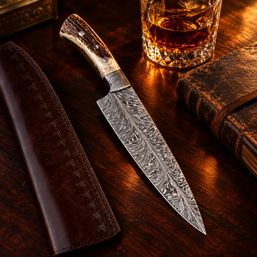 Handmade feather Damascus chef knife antler handle luxury cinematic editorial with whiskey glass and leather journal on dark mahogany