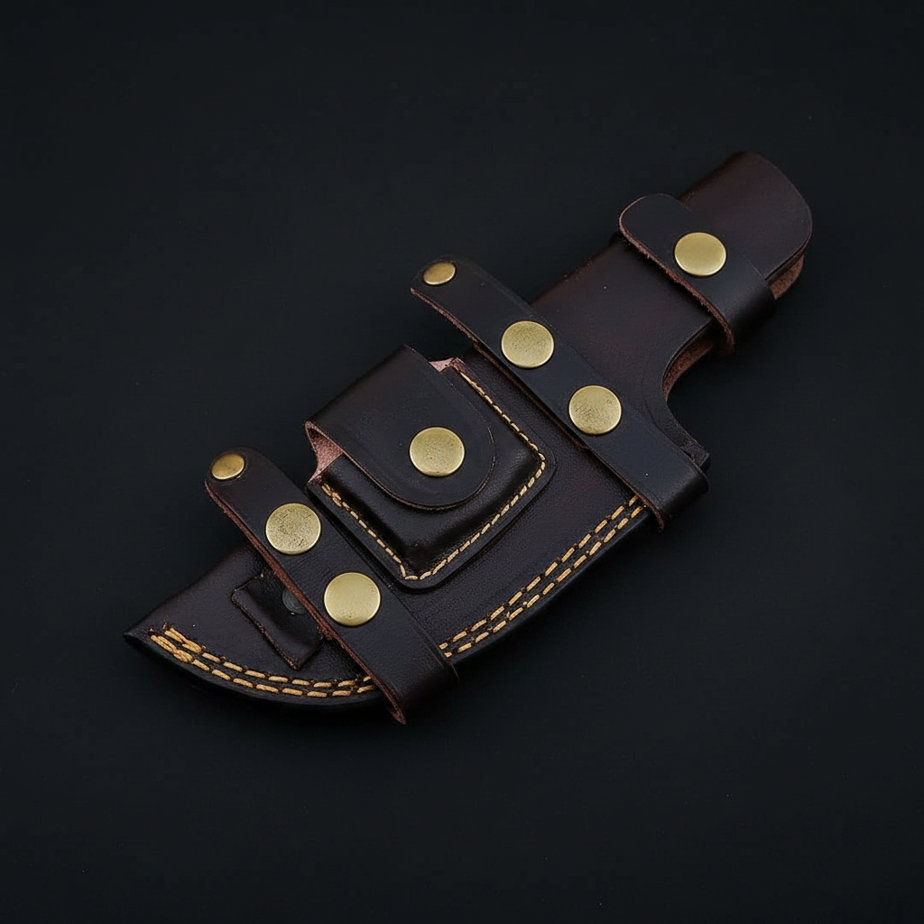 Dark brown leather horizontal knife sheath with brass snap buttons at diagonal angle on black charcoal background