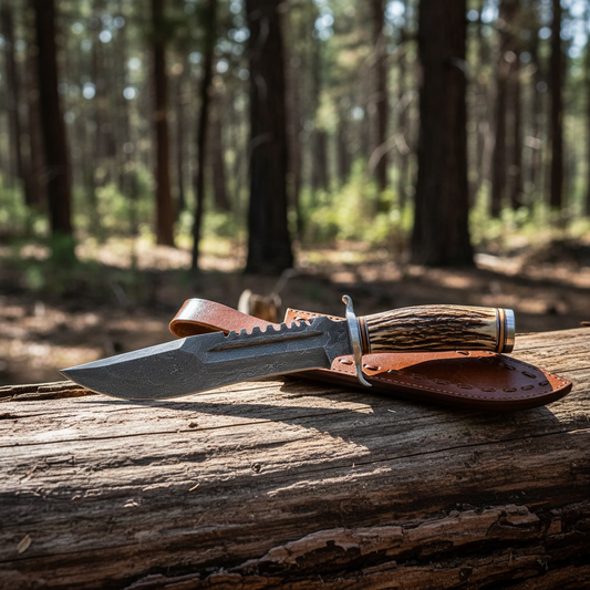 Left side view of handmade Damascus Bowie knife with real stag antler handle on weathered pine log outdoors