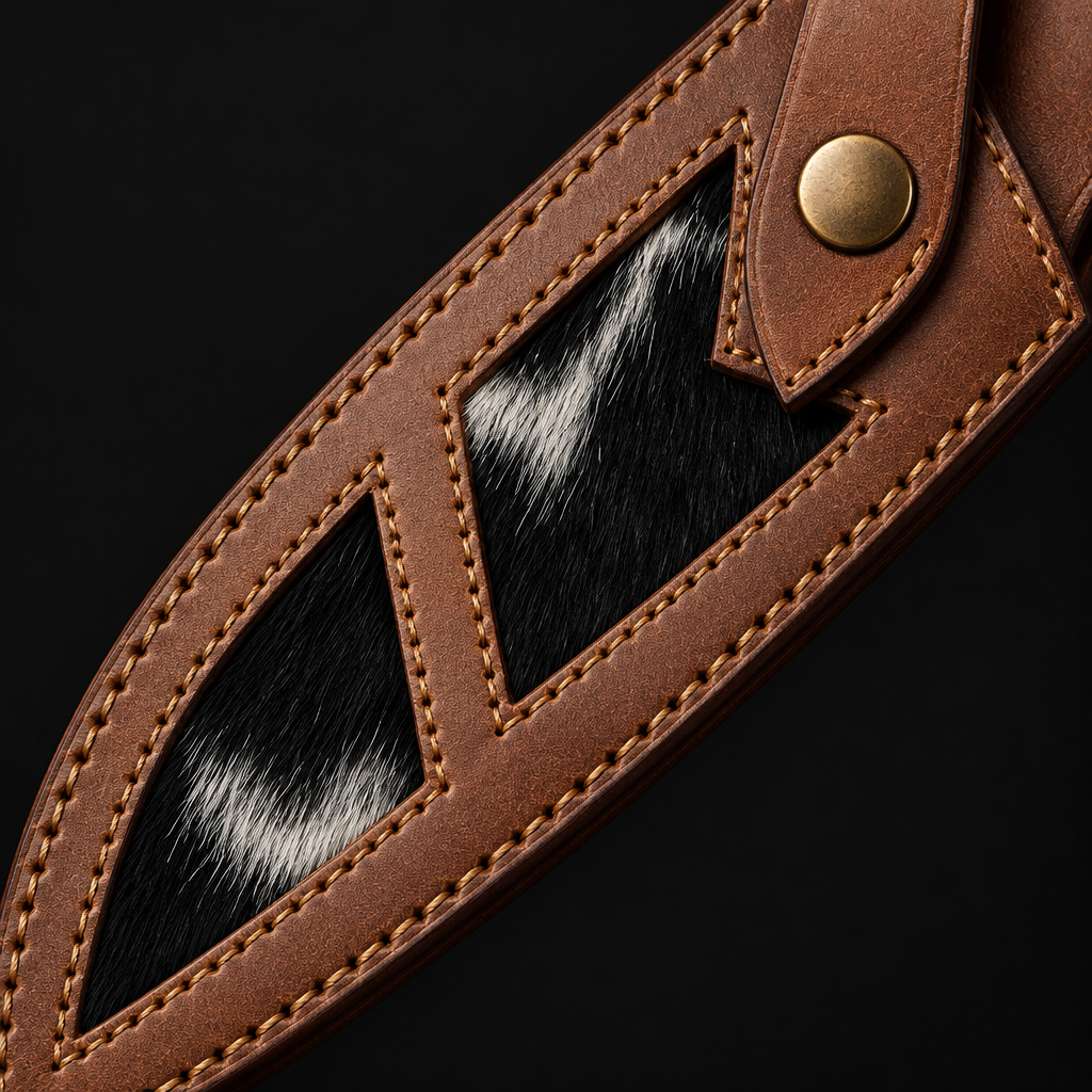 Extreme close-up of brown genuine leather knife sheath with black cowhide fur diamond inlay panels and brass snap on pure black background