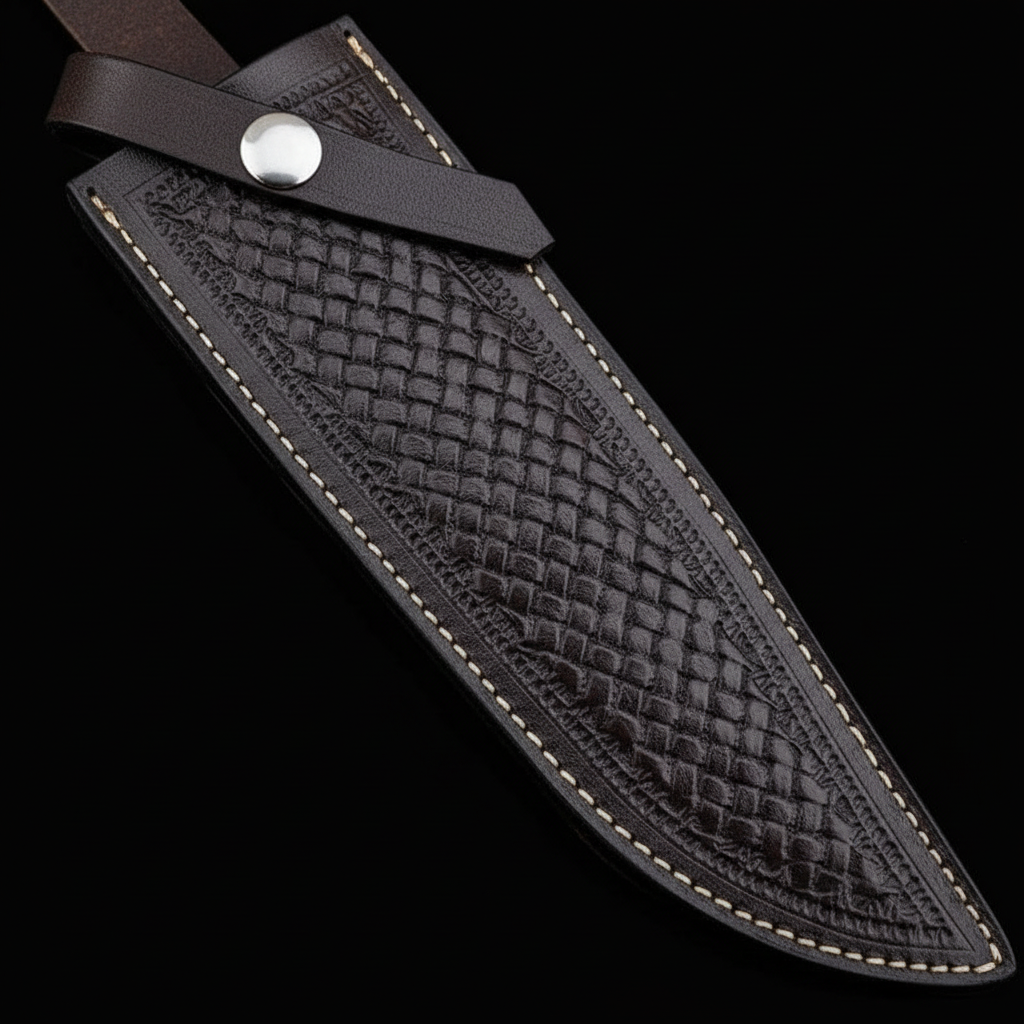 Extreme close-up of dark brown basketweave embossed genuine leather Bowie knife sheath diagonal angle silver snap on black background