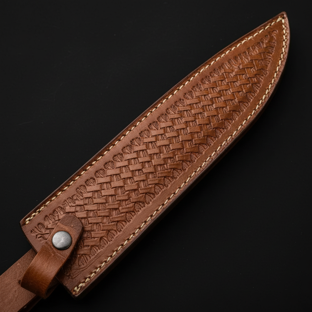 Extreme close-up of brown basketweave embossed genuine leather Bowie knife sheath diagonal angle on pure black background