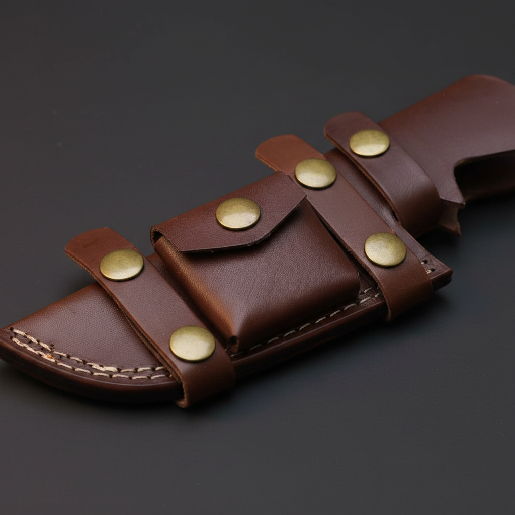 Close view of the horizontal leather sheath pocket and brass snaps