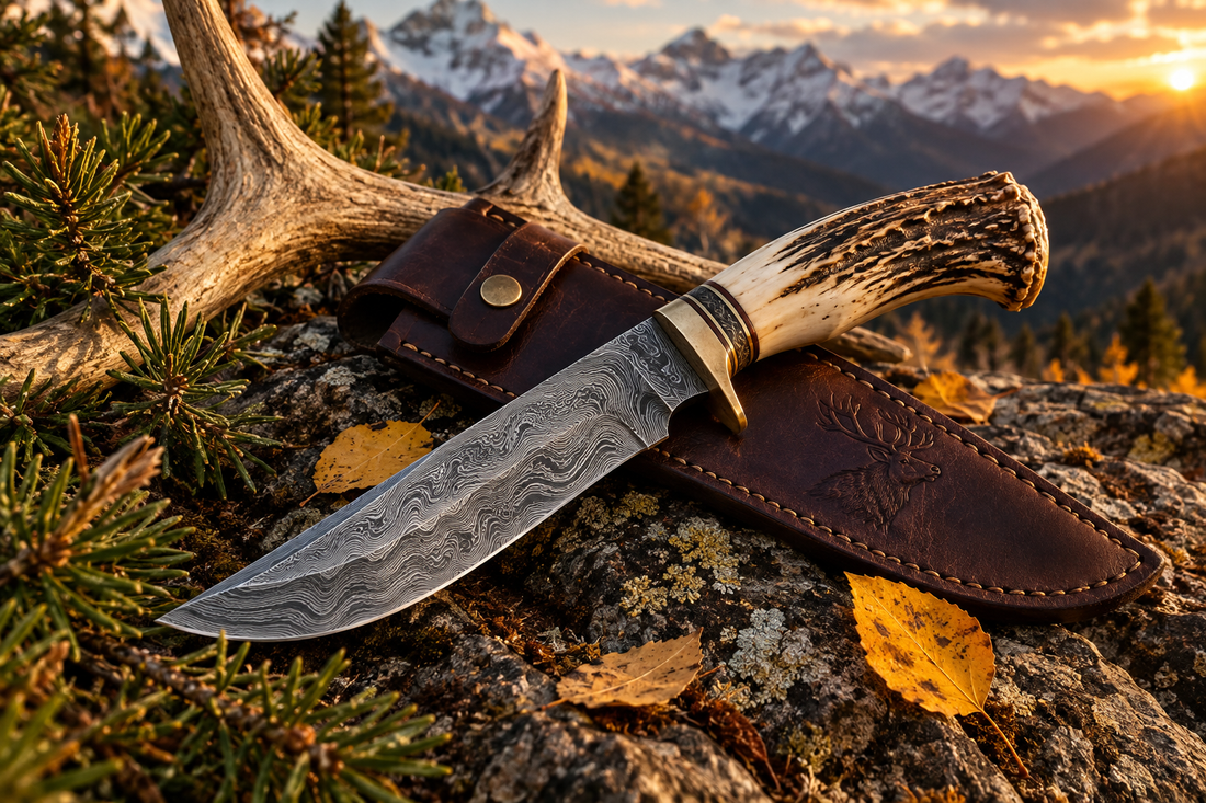 Handmade Damascus steel hunting Bowie knife with stag antler handle on mountain rock surface with elk antler for big game hunting season