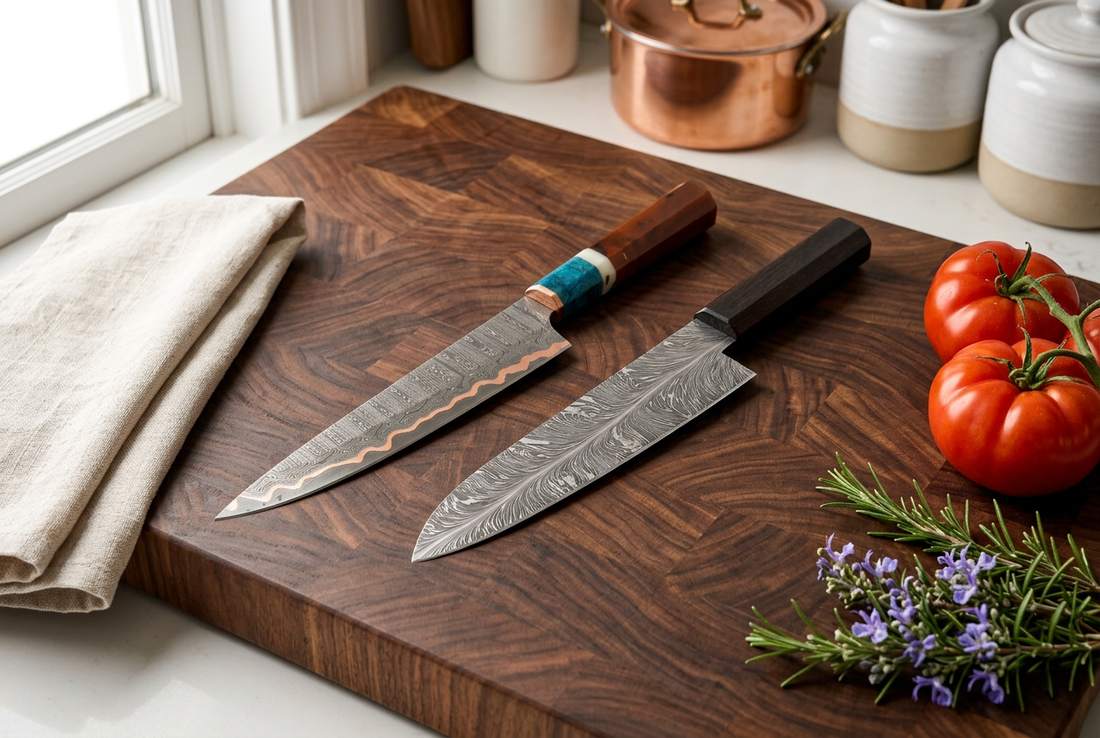 Copper Damascus resin-handle chef knife and feather-pattern wenge-handle chef knife on a kitchen cutting board