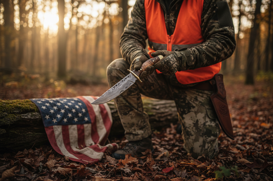 American hunter holding a handmade Damascus hunting knife in autumn forest with USA flag in background