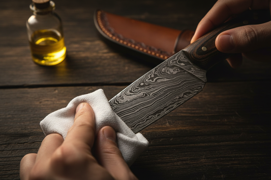 Hands cleaning a handmade Damascus steel knife blade with a soft cloth on a dark wooden workbench