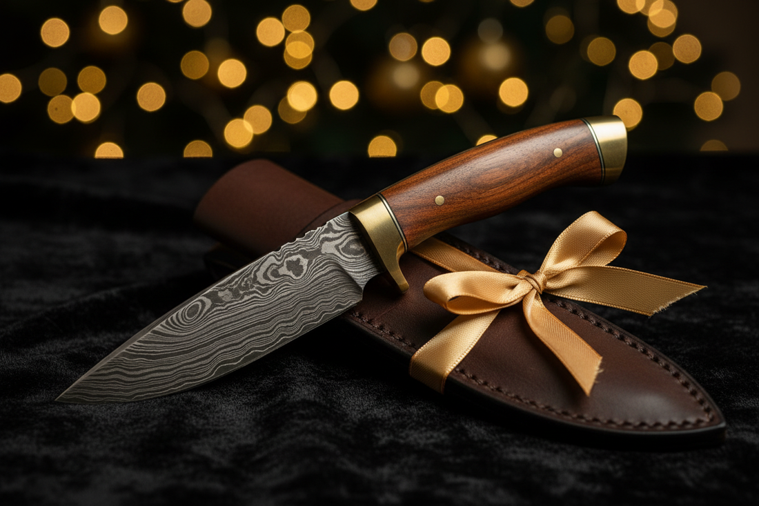 Handmade Damascus steel hunting knife presented as a luxury gift on dark velvet with gold ribbon and warm bokeh lights