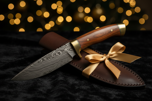 Handmade Damascus steel hunting knife presented as a luxury gift on dark velvet with gold ribbon and warm bokeh lights