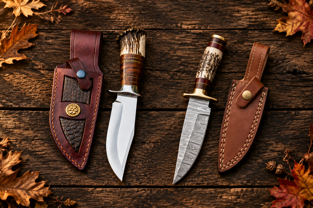 Damascus and D2 hunting knives with leather sheaths arranged on rustic wood