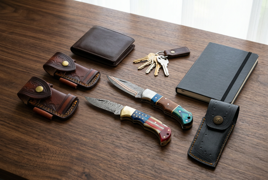 Two handmade Damascus folding knives and leather sheaths arranged with everyday desk essentials