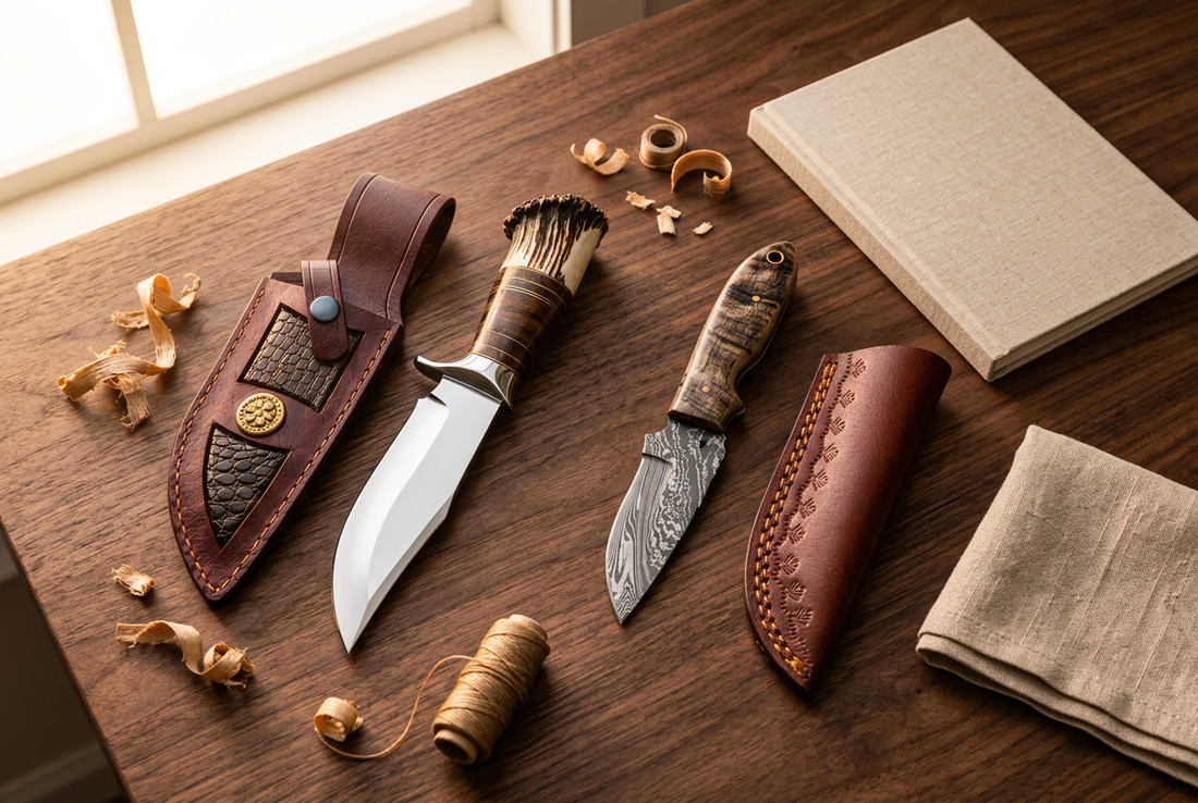 D2 hunting knife and Damascus ram horn skinner with leather sheaths on a dark wooden workbench