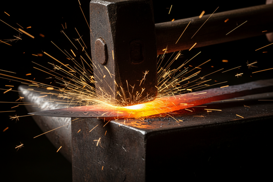 Heavy iron hammer striking a glowing orange-hot Damascus steel blade on a dark anvil with sparks flying