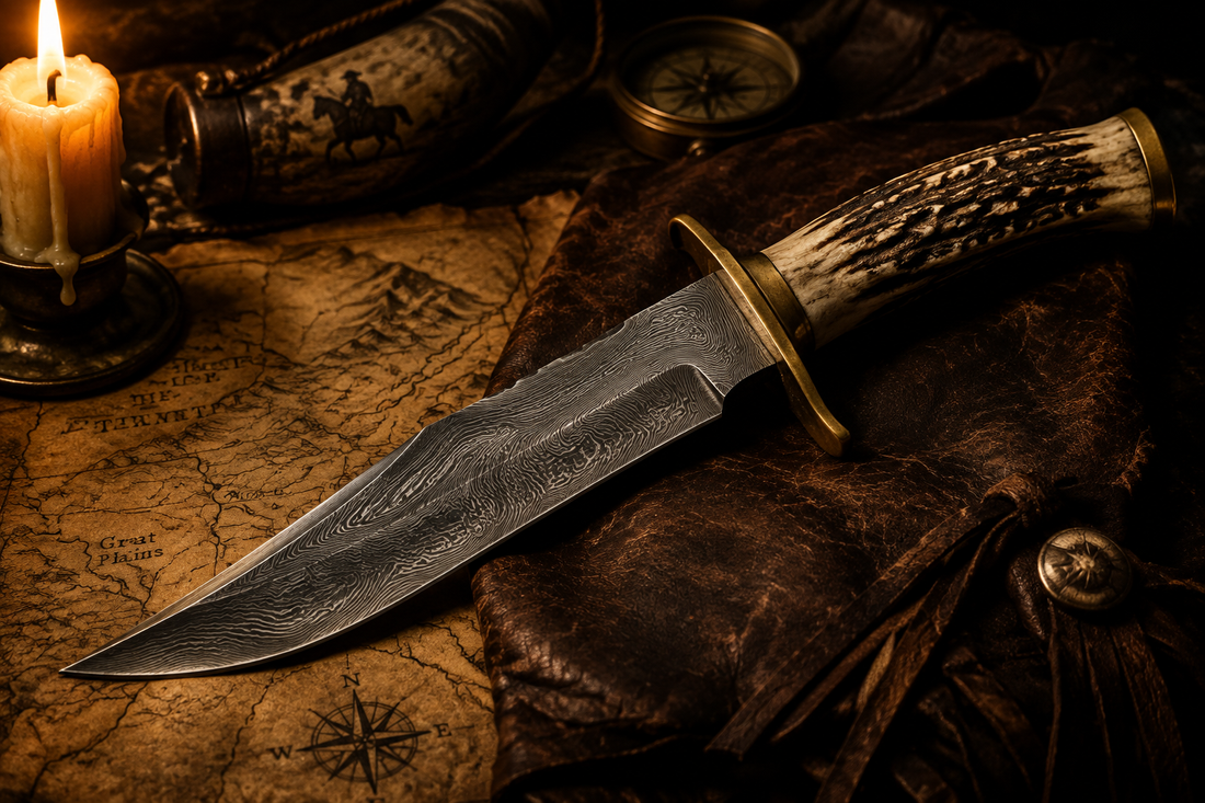 Handmade Bowie Knide Damascus blade antler handle 