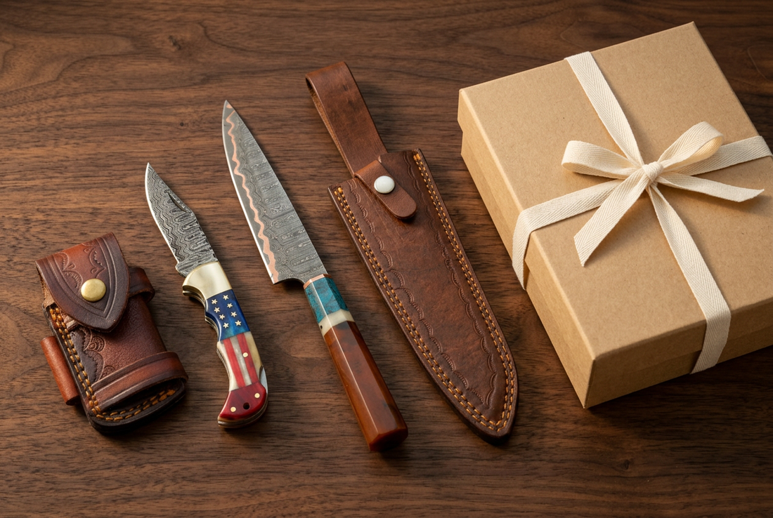 Handmade chef knife and American flag folding knife with leather sheaths beside simple gift wrapping