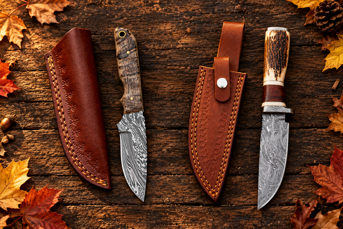 Two Damascus skinner knives with ram horn and stag horn handles beside leather sheaths on rustic wood