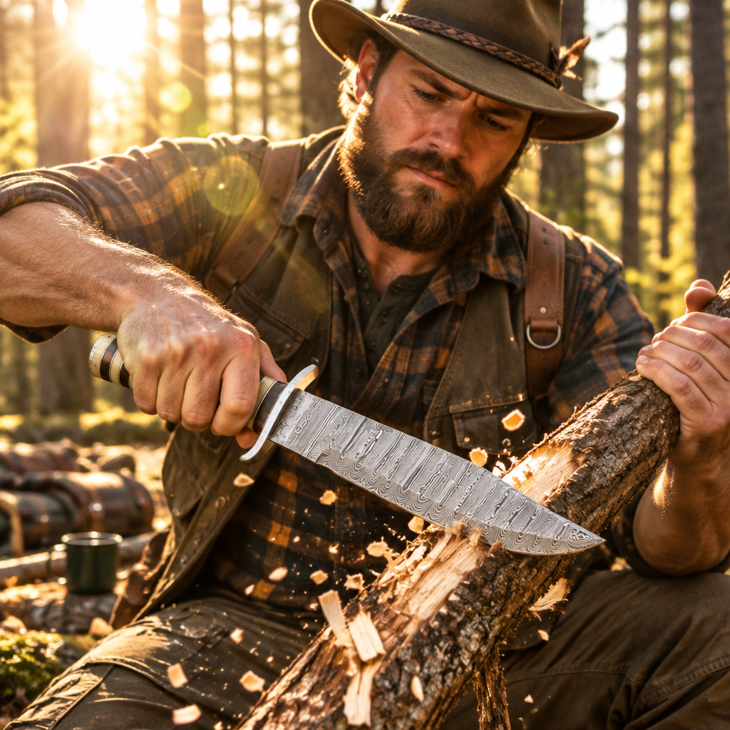 Rugged bearded outdoorsman actively using Damascus Bowie knife carving wood bright golden forest sunlight