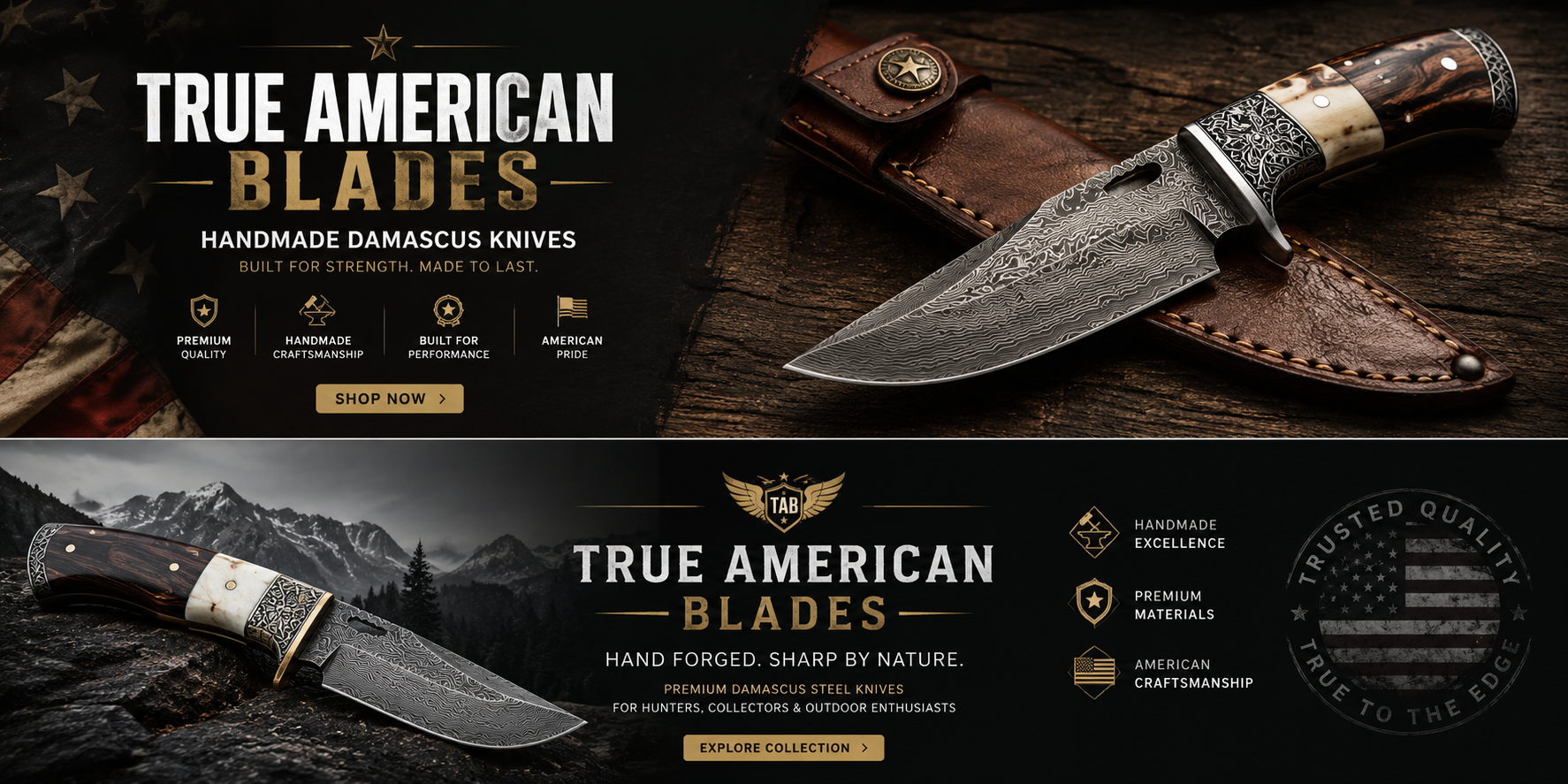 Promotional banner for True American Blades featuring two handcrafted Damascus knives and a brown leather sheath on a rustic wooden surface, with marketing text and badges.