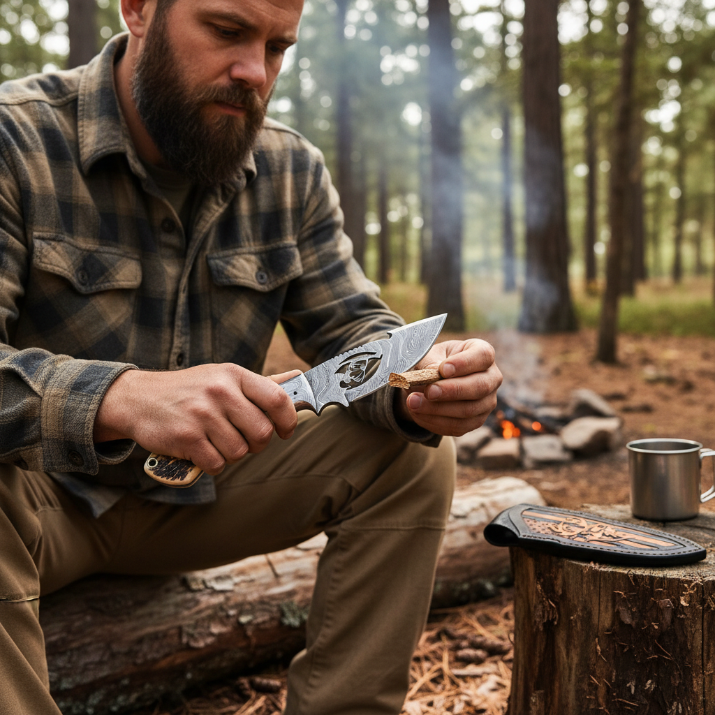 A bearded man in a plaid shirt sits by a campfire in a forest, holding a fixed-blade knife with a patterned handle. A metal mug and a black leather sheath rest on a tree stump nearby.
