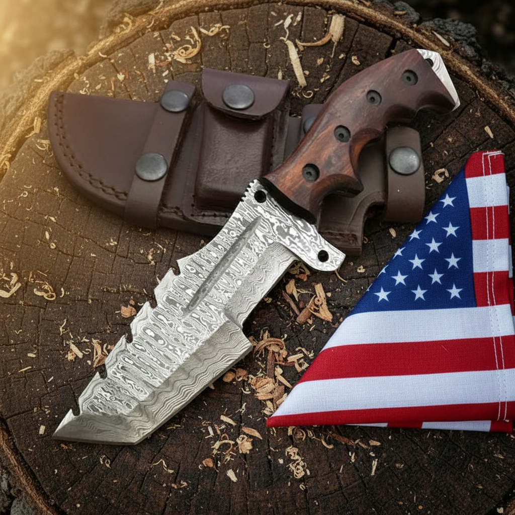 A custom Damascus steel fixed-blade knife with a patterned blade, a brown wooden handle, and a brown leather sheath, arranged on a rustic tree stump alongside a red, white, and blue American flag.