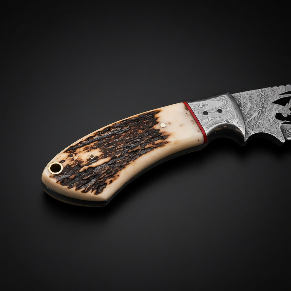 A close-up of a folding pocket knife with a patterned Damascus steel blade and a natural horn handle featuring dark burn marks, set against a dark background.