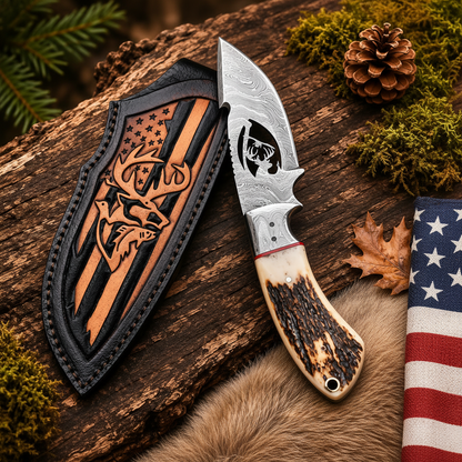 A fixed-blade knife with a patterned silver blade, cream bone handle, and red accent line, displayed beside a matching black leather sheath carved with a deer head and American flag stripes. The scene is styled on a log with moss, pinecones, autumn leaves, fur, and part of an American flag visible.