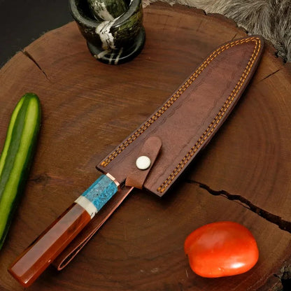 Handforged Copper Damascus Chef Knife – Resin Handle & Cowhide Sheath, 12.5 Inch