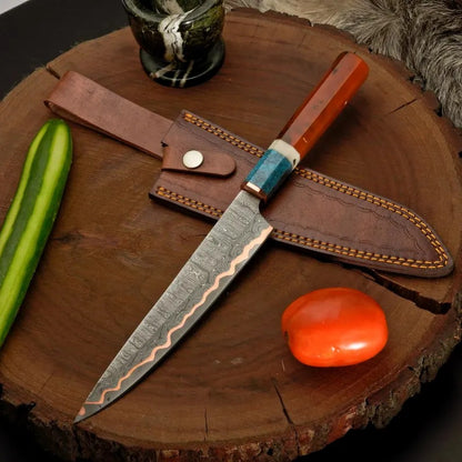 Original copper Damascus chef knife photo with resin handle and cowhide sheath