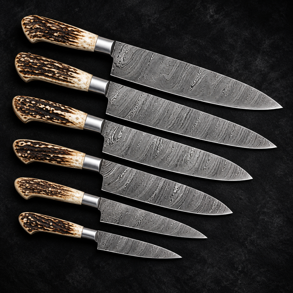 Handmade Damascus Stag Horn Handle Kitchen Knife Set - true american blades 