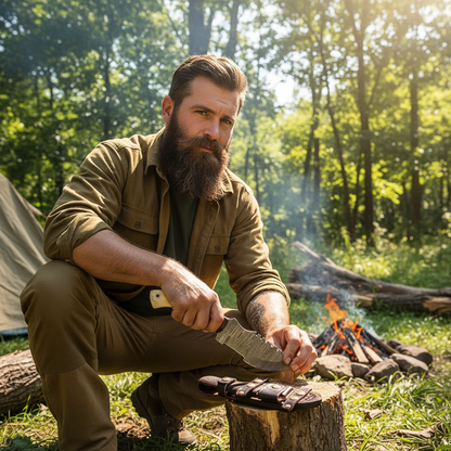 Rugged outdoorsman doing bushcraft with Damascus camel bone rosewood tracker knife at bright outdoor forest campsite