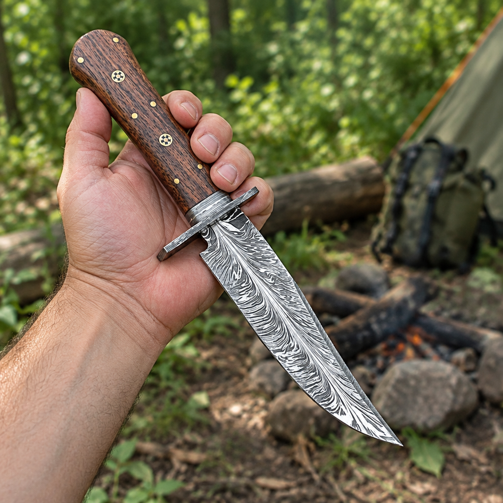 Hand gripping wood handle hunting knife in outdoor setting