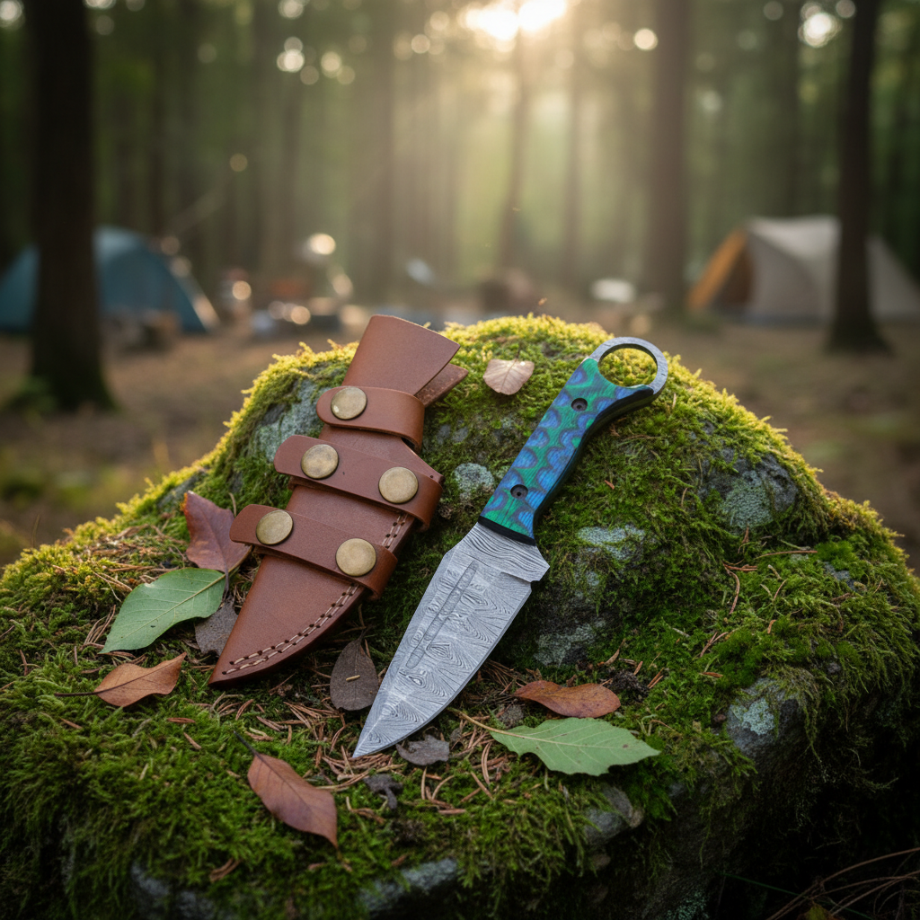 Custom Damascus ring knife and leather sheath on mossy rocks at a forest campsite