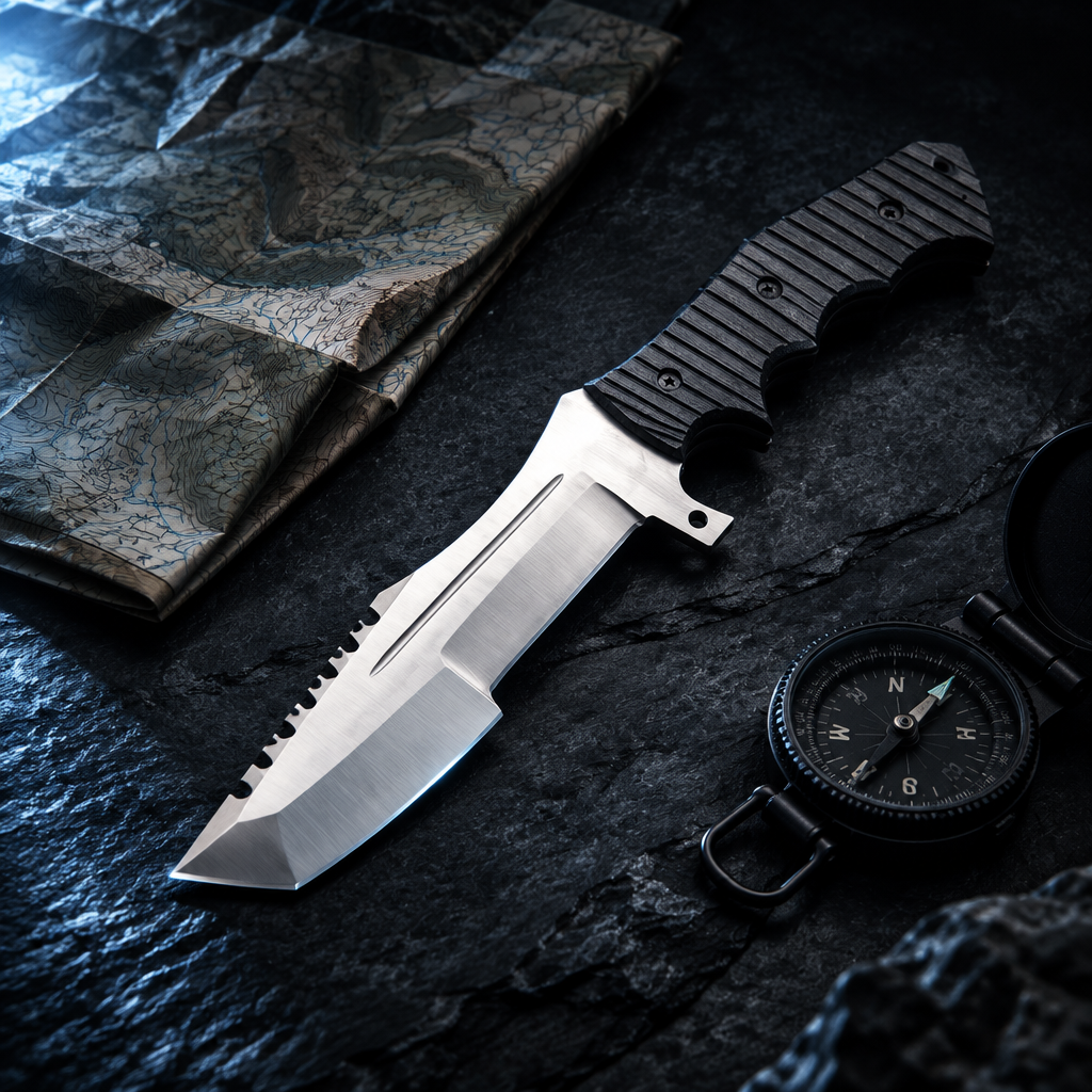 Carbon steel tracker survival knife dark luxury cinematic editorial shot with topographic map and black compass
