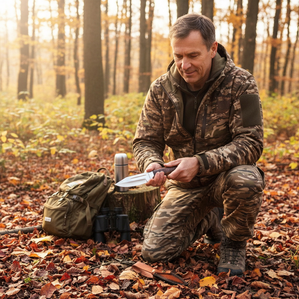 Man in hunting gear holding handmade D2 steel skinner knife with leather handle in autumn forest