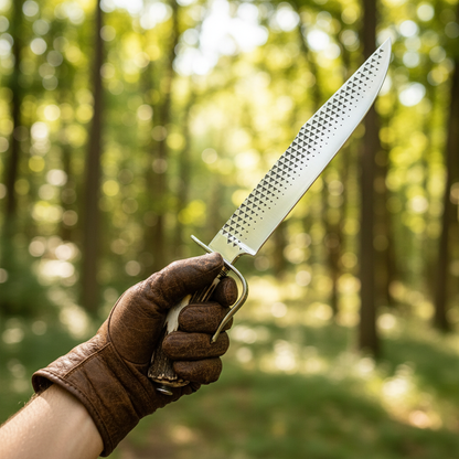 Rugged hand gripping large farrier rasp Bowie knife stag antler D-guard handle dynamic outdoor grip pose forest bokeh