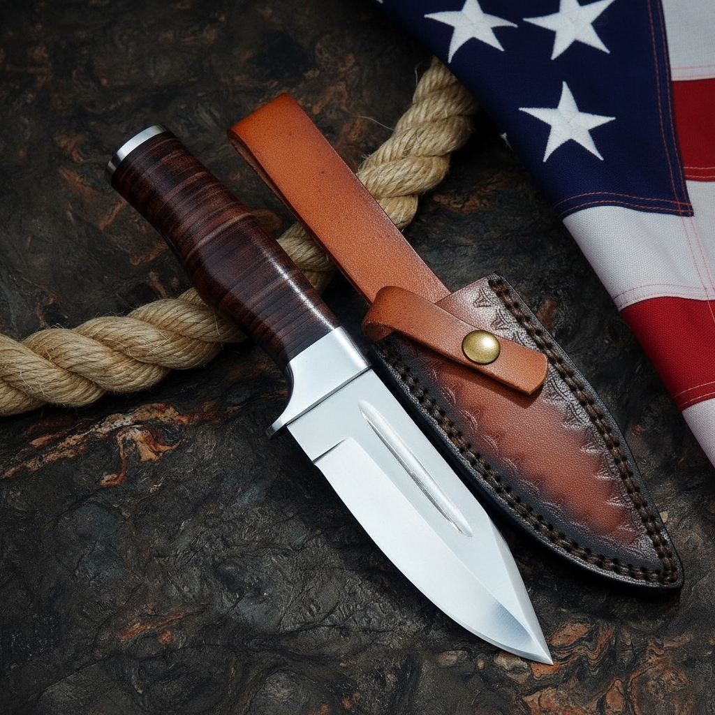 Handmade D2 steel skinner knife with leather handle displayed beside American USA flag, patriotic collector piece