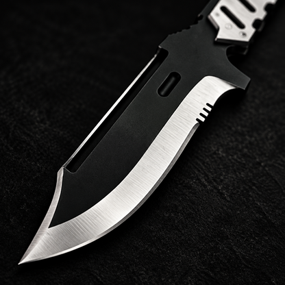 Extreme close-up of two-tone tactical blade with black coated spine cutouts and satin polished lower blade on deep black charcoal background