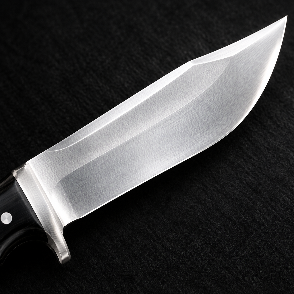 Extreme close-up of wide satin polished carbon steel Bowie clip point blade with steel bolster on deep black charcoal background