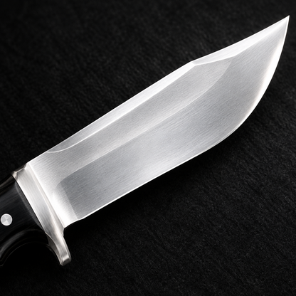 Extreme close-up of wide satin polished carbon steel Bowie clip point blade with steel bolster on deep black charcoal background