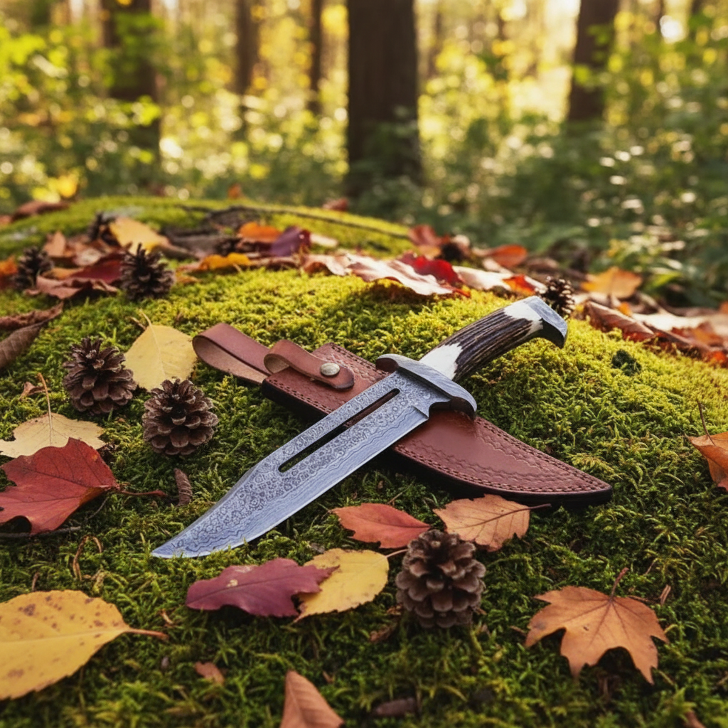 Handmade Damascus Bowie knife with antler handle on mossy forest ground beside autumn leaves and pine cones