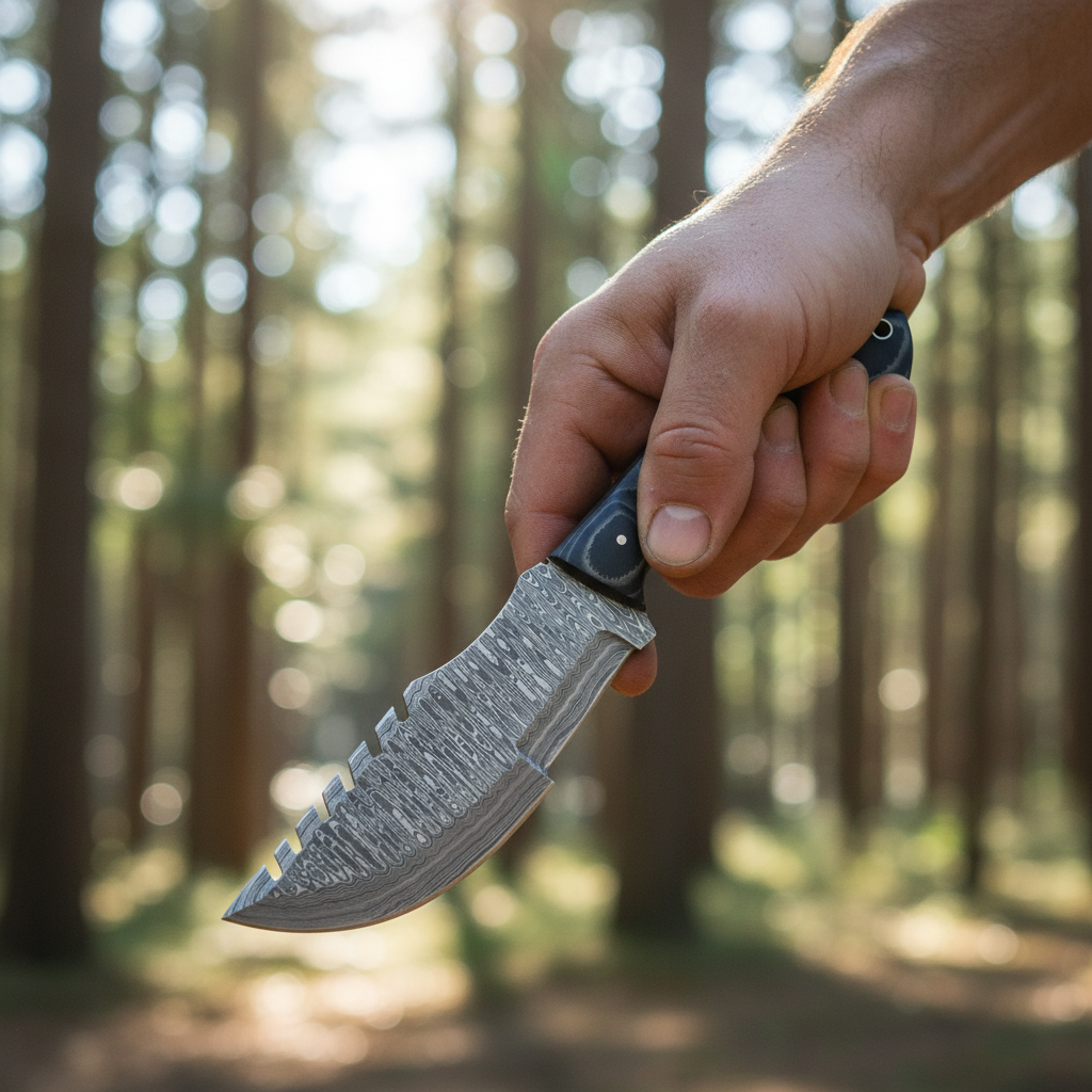 Hand gripping large Damascus tracker knife with black micarta handle outdoor action shot no face visible