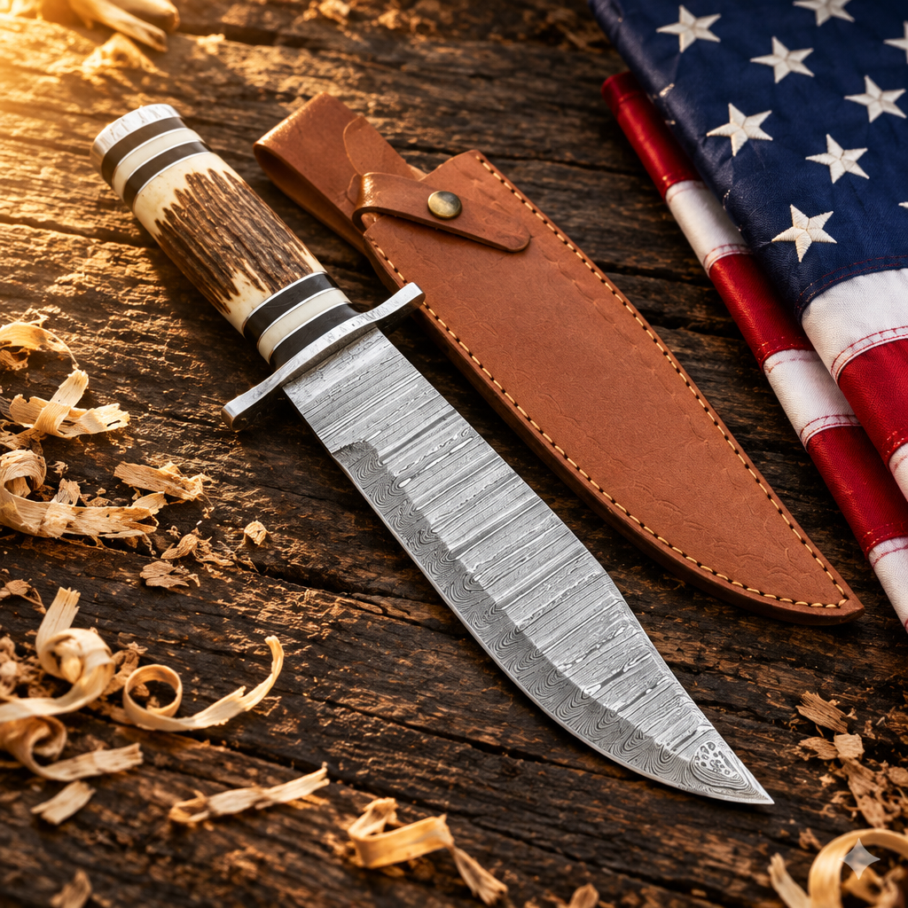 Handmade Damascus Bowie knife ladder wave blade stag handle hero flat lay rustic dark wood American USA flag