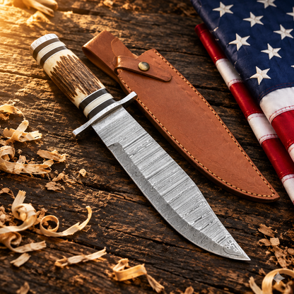 Handmade Damascus Bowie knife ladder wave blade stag handle hero flat lay rustic dark wood American USA flag