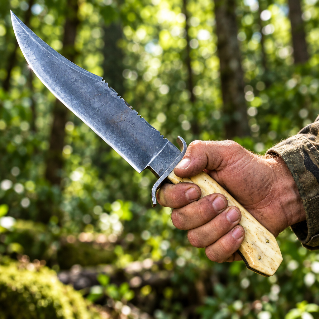 Rugged hand gripping carbon steel Juan Padilla Bowie knife camel bone handle brass pins dynamic outdoor grip pose forest bokeh