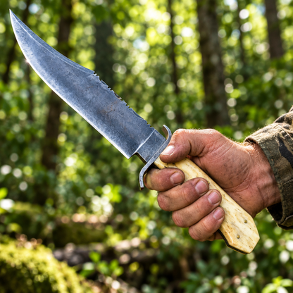 Rugged hand gripping carbon steel Juan Padilla Bowie knife camel bone handle brass pins dynamic outdoor grip pose forest bokeh