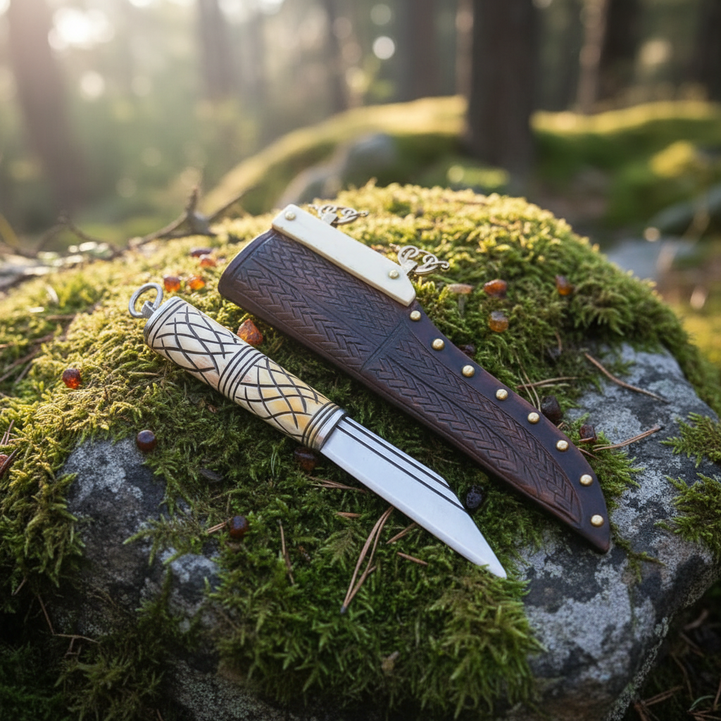 Handmade Viking Seax knife and leather sheath on mossy rocks in a forest campsite