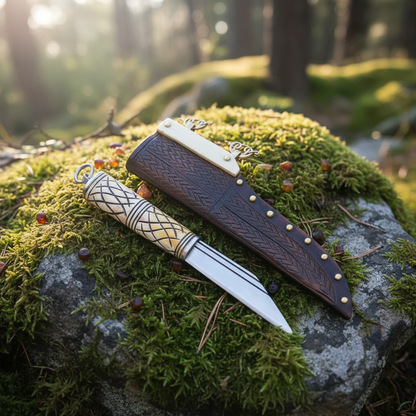 Handmade Viking Seax knife and leather sheath on mossy rocks in a forest campsite