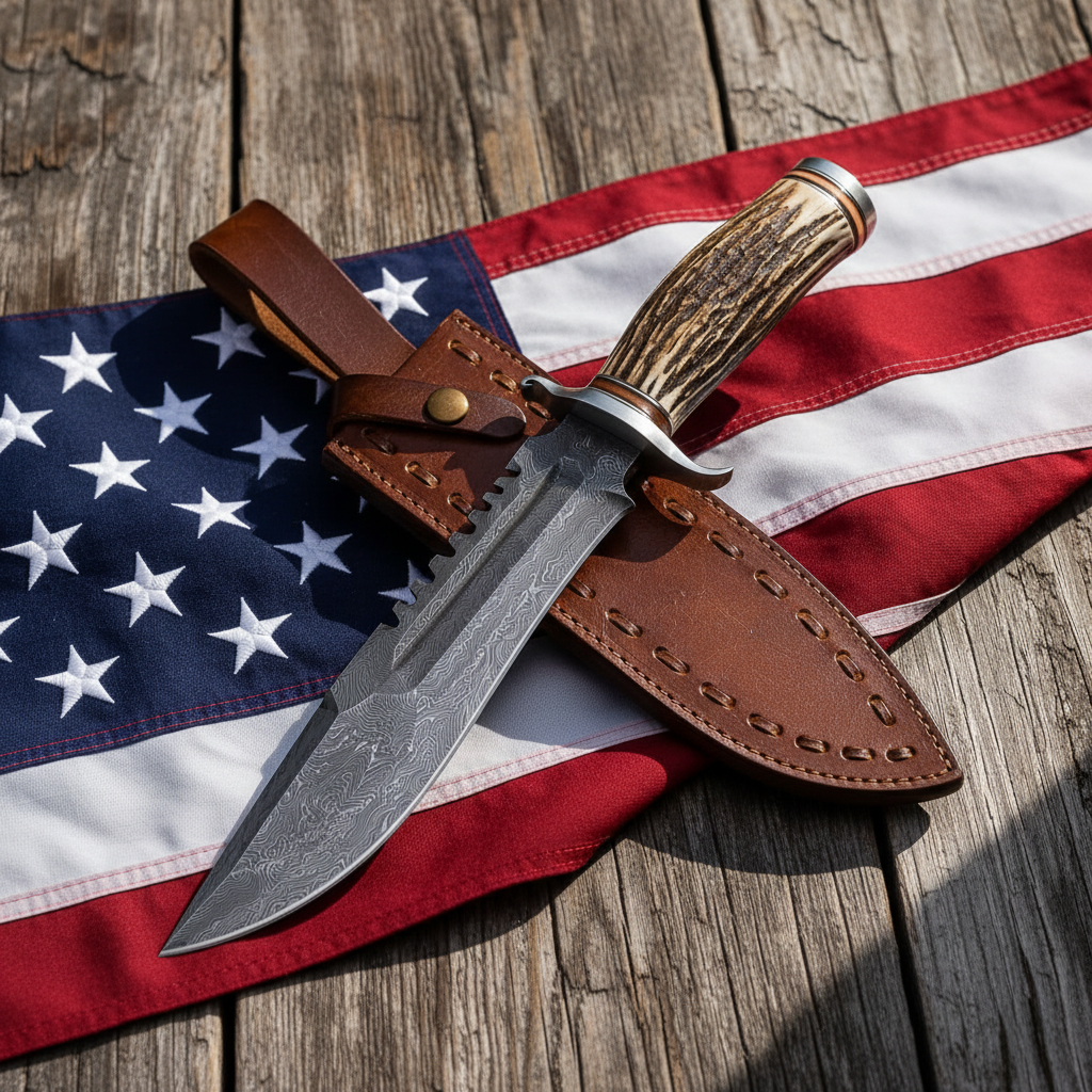 Handmade Damascus Bowie knife with stag antler handle laid flat on American flag on rustic outdoor wooden table