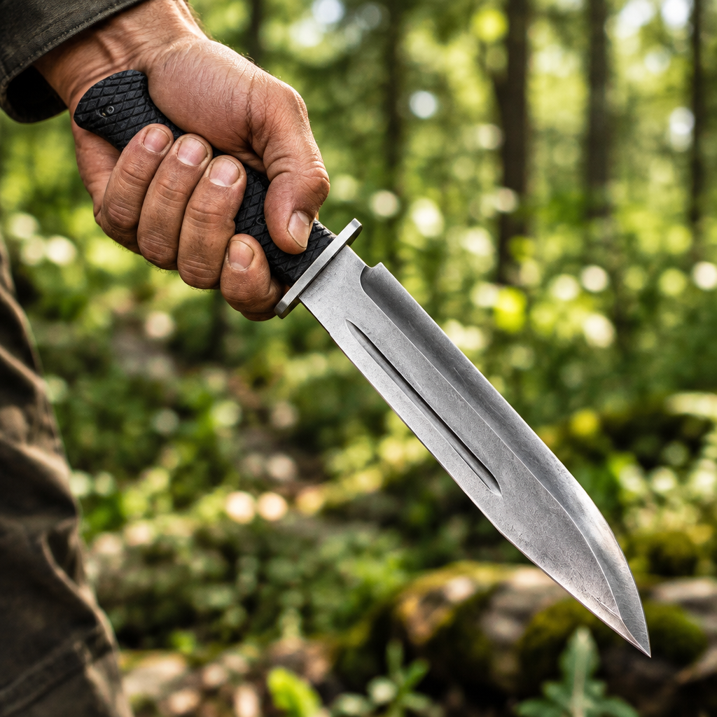 Rugged hand gripping carbon steel Bowie knife black checkered Micarta handle steel crossguard dynamic outdoor grip pose forest bokeh